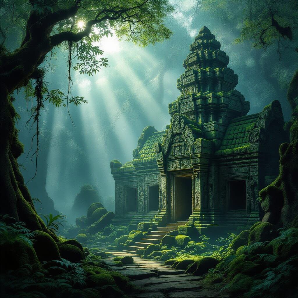 Mossy Stone Temple in Misty Forest, Hyperrealistic Style