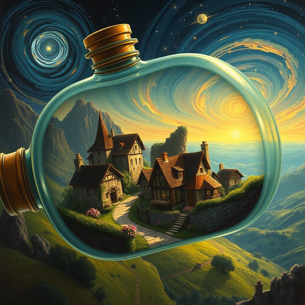 Surreal Village Scene Inside a Glass Bottle in Space