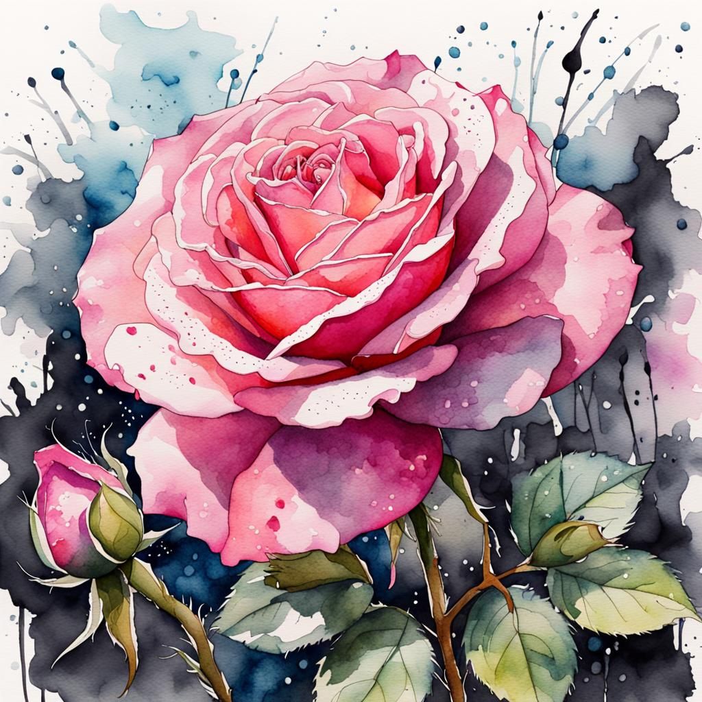 Pink Rose in a Watercolour Garden