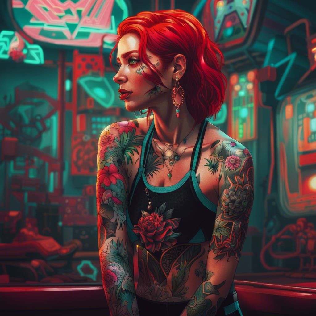 Red-Haired Tattooed Woman in Synthwave Neon Style