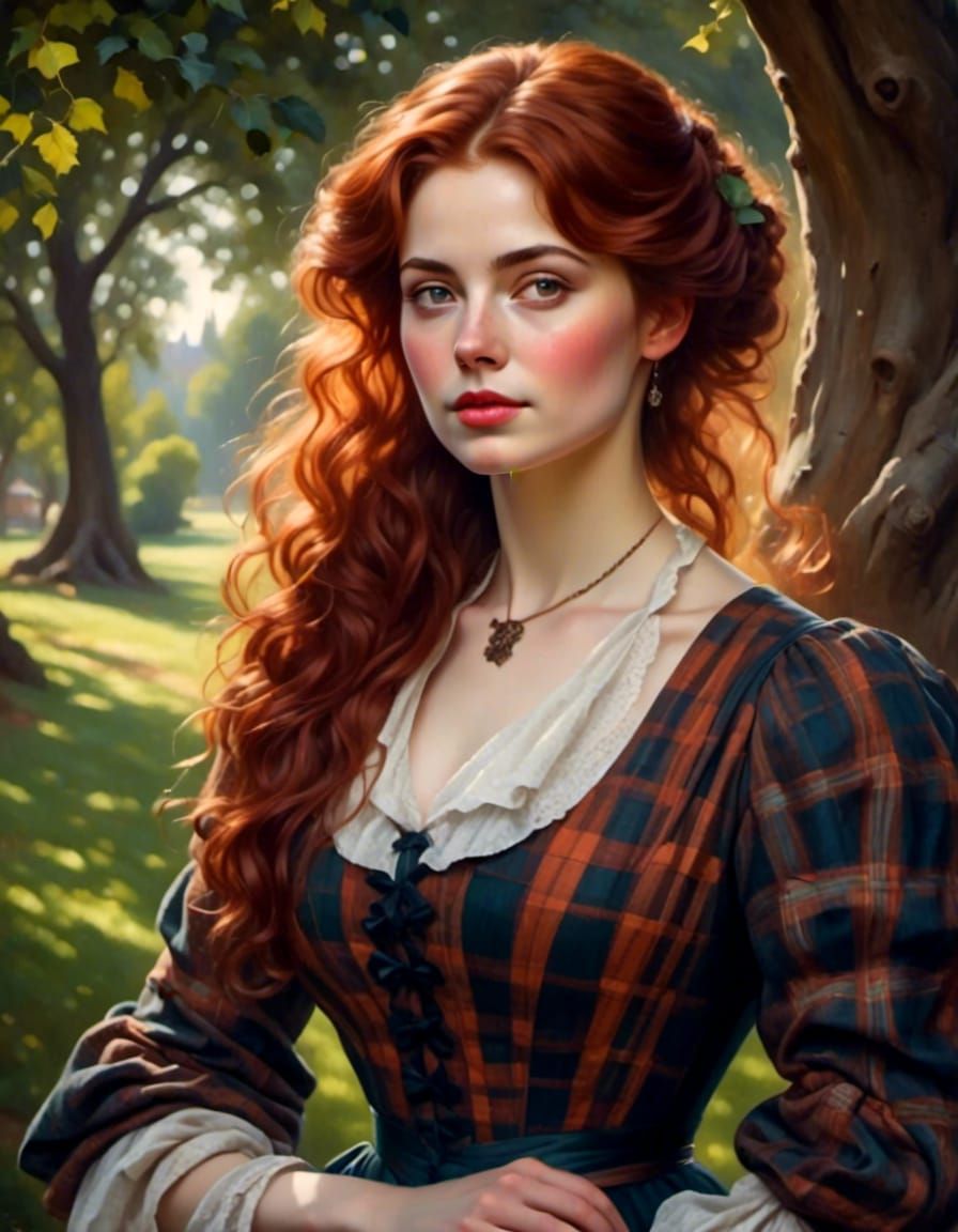 Victorian Woman with Auburn Hair in Plaid Dress