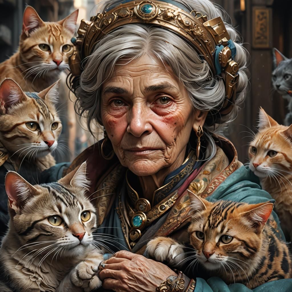 Compassionate Woman with Stray Cats: Hyperrealistic 8K Portr...