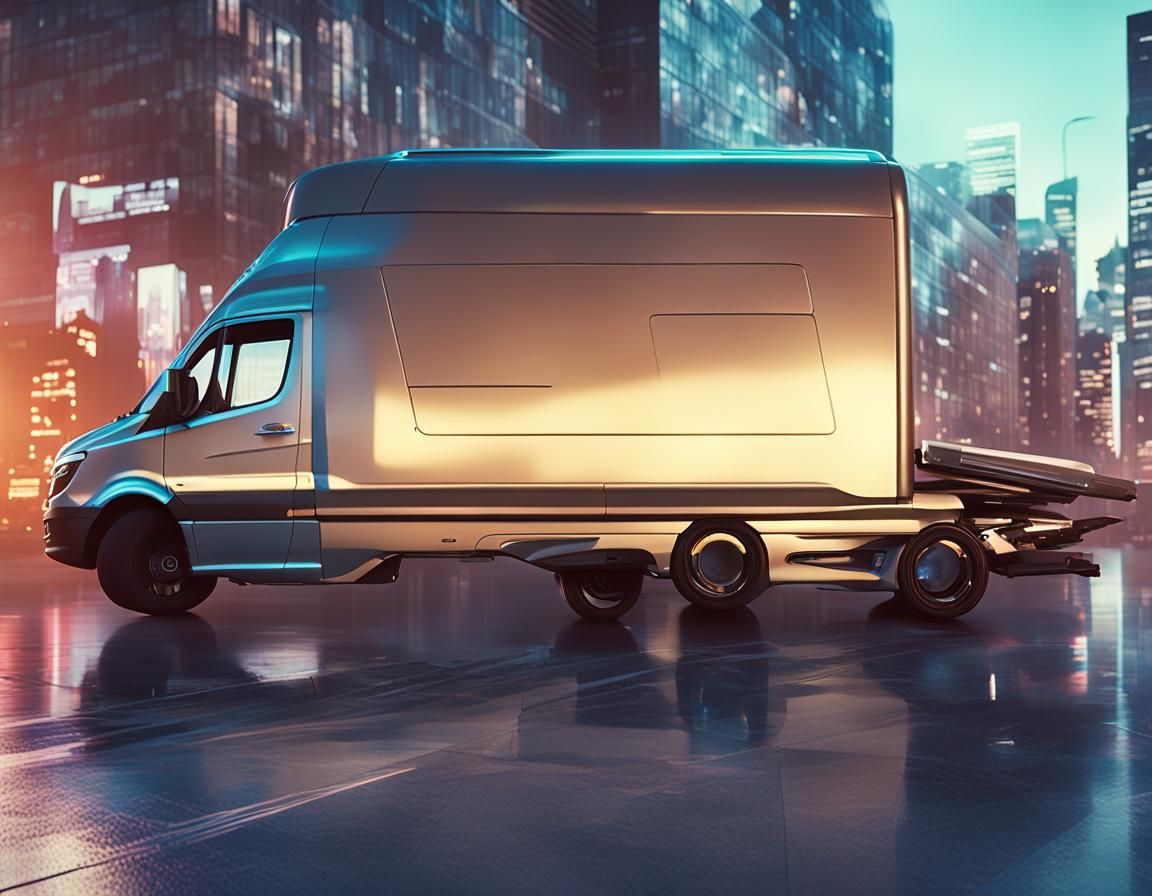 Futuristic Mercedes Sprinter Tow Truck in Cyberpunk Cityscap...
