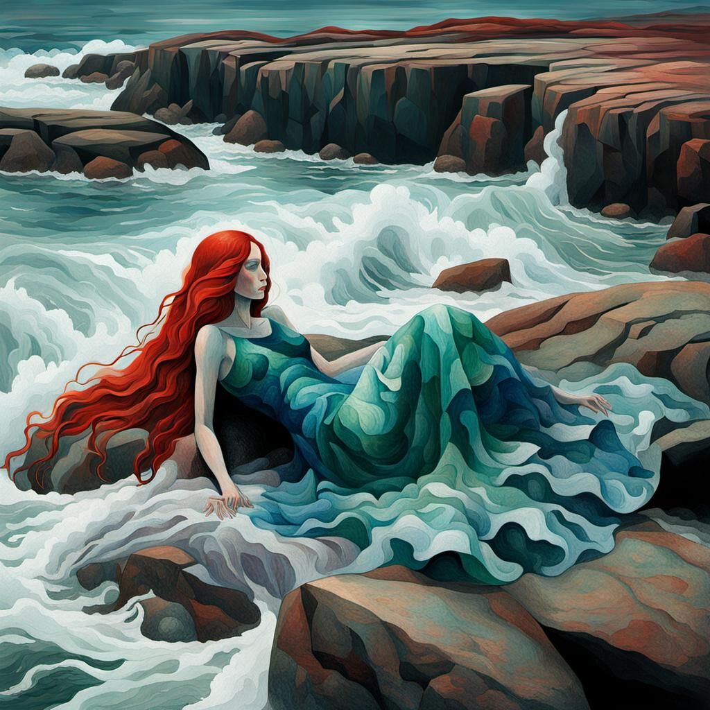 Surreal Cubist Woman on Rocky Shoreline