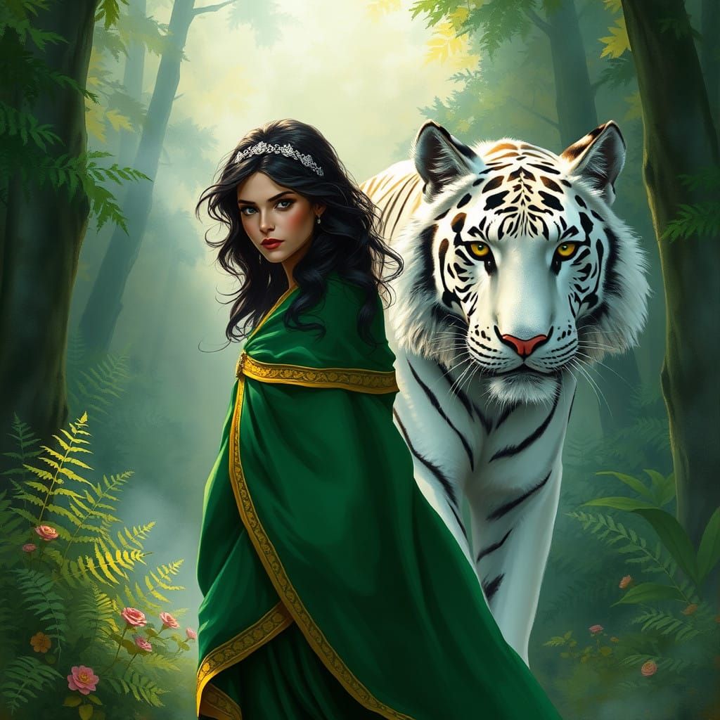 Majestic Woman Walks with a White Tiger in a Misty Forest La...