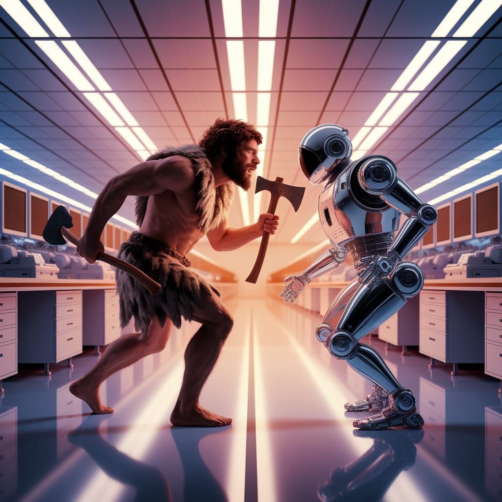 Caveman Confronts Robot in NASA Lab