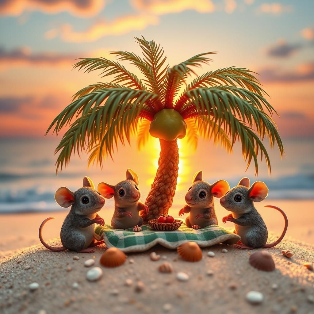 Mice Family Picnic Under Palm Tree at Sunset