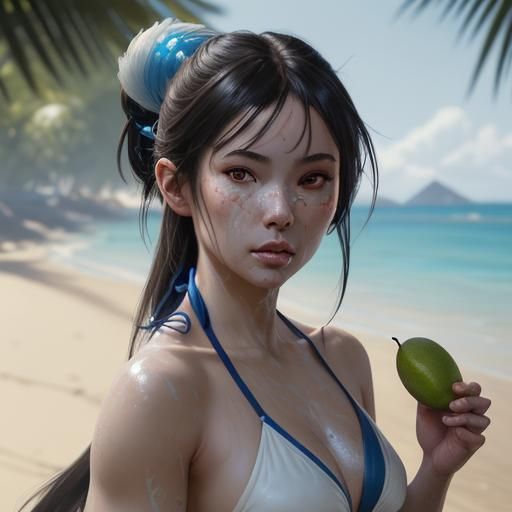 Happy Brunette Samurai with Mango, Hyperdetailed Portrait