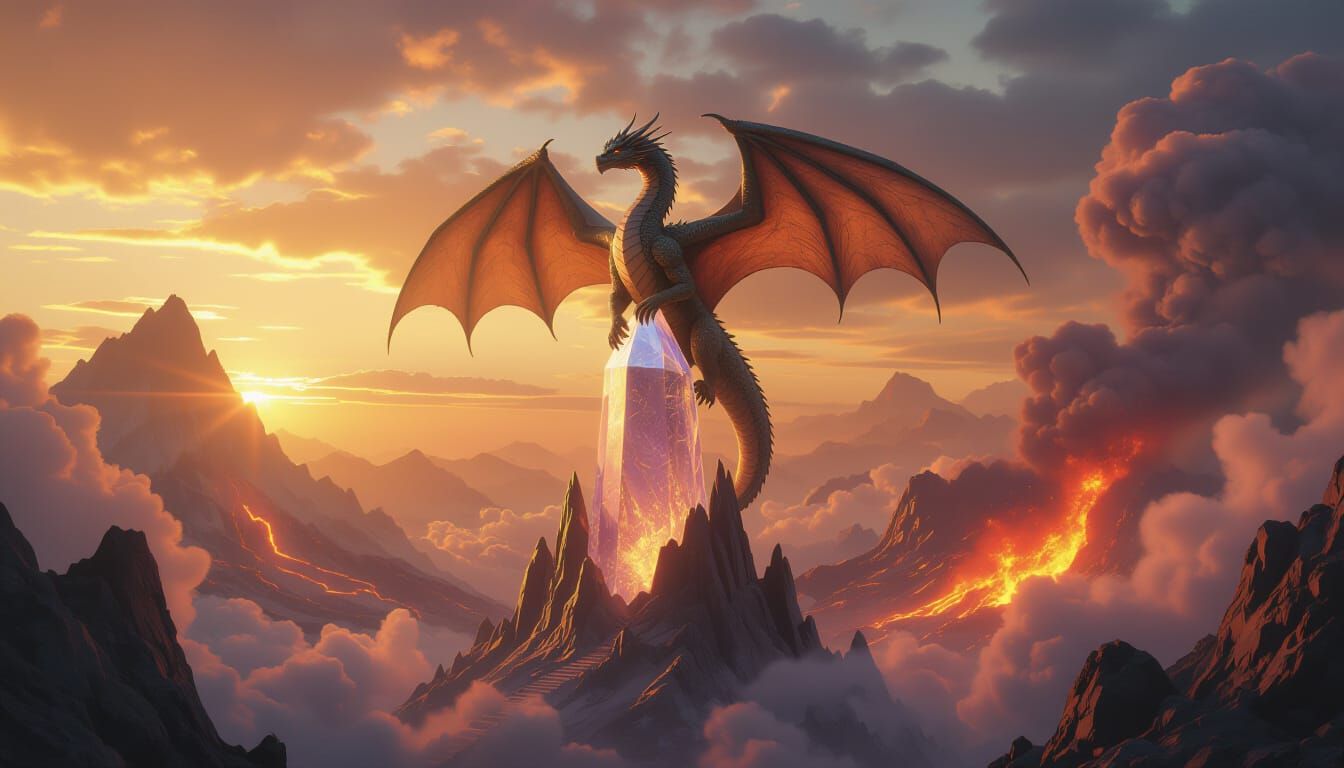 Colossal Dragon on Crystal Spire Under Volcanic Sky