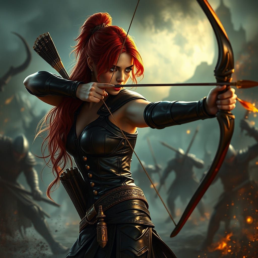 Ethereal Redhead Archer Readies for Battle in Chiaroscuro Fa...