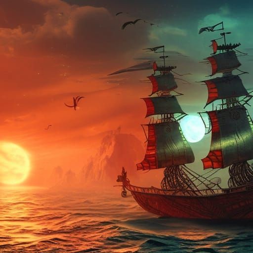 Paper Cut Pirate Ship on Red Moon