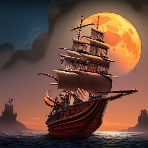 Paper Cut Pirate Ship on Red Moon Night