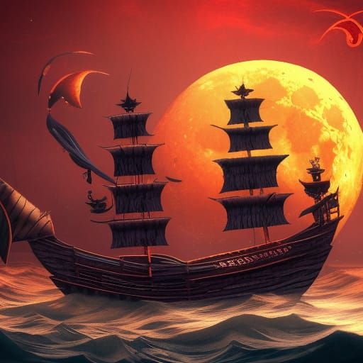 Pirate Ship on Red Moon in Paper Cut Style