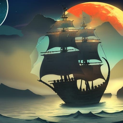 Paper Cut Pirate Ship on Red Moon Night