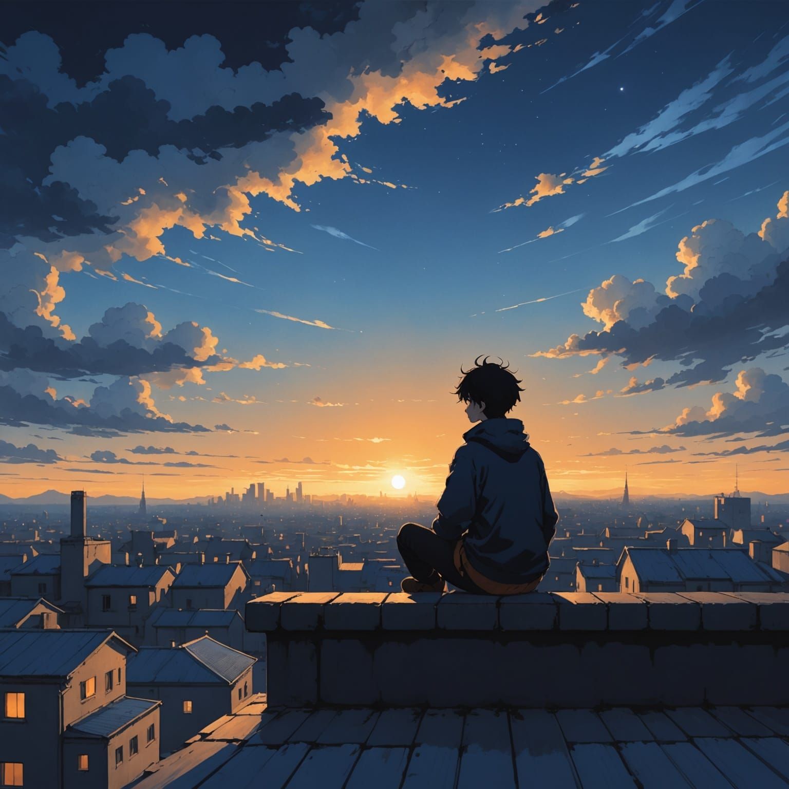 "A dreamy anime-style sky with fluffy clouds in shades of deep blue, indigo, and golden orange. A silhouette of a lone a...