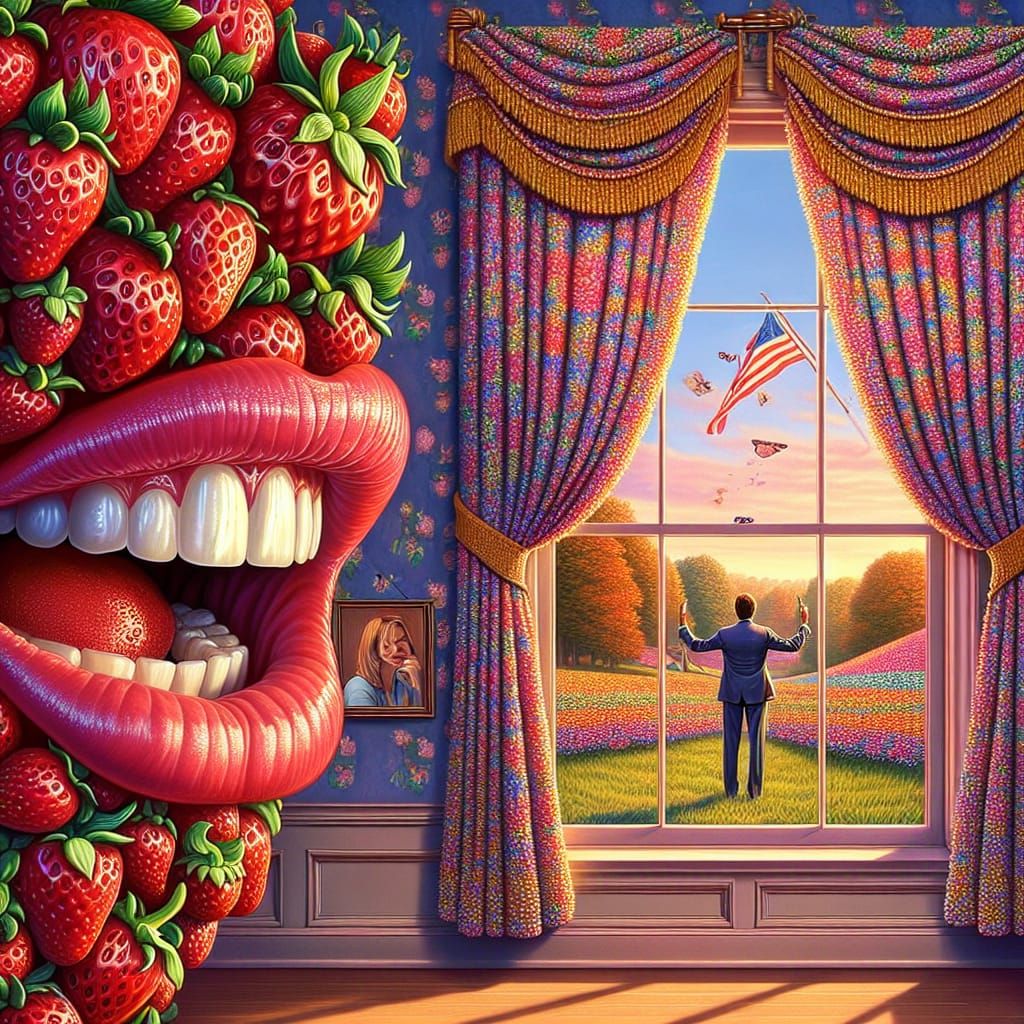 Vibrant Strawberry Curtain with Lucky Tooth and Distant Figu...