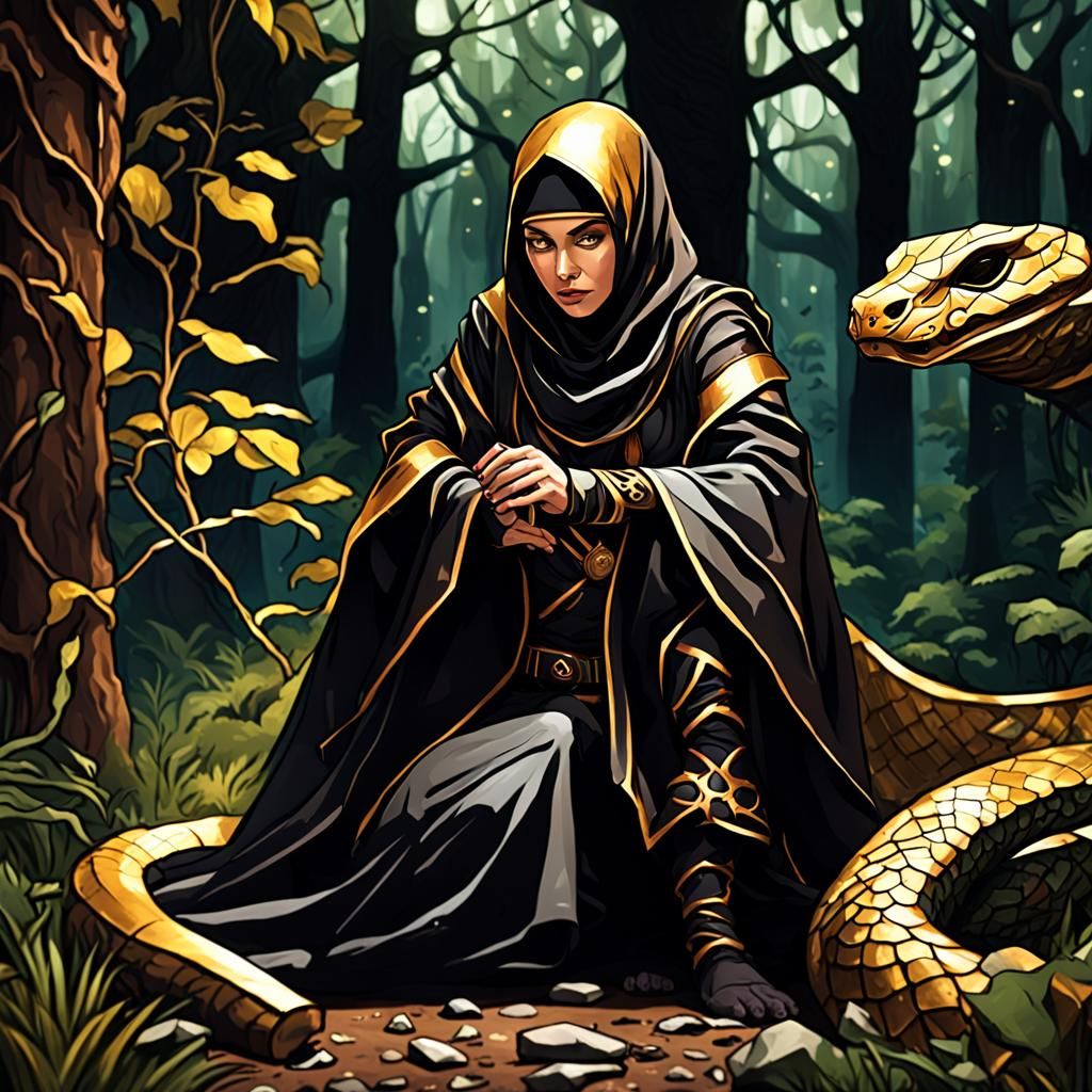 Female Rogue in Forest with Snake: Hyperrealistic Portrait