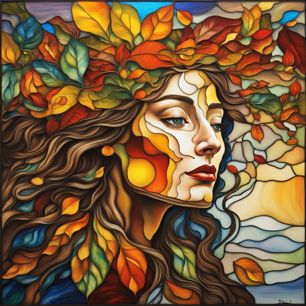 Goddess of Autumn in Stained Glass Style