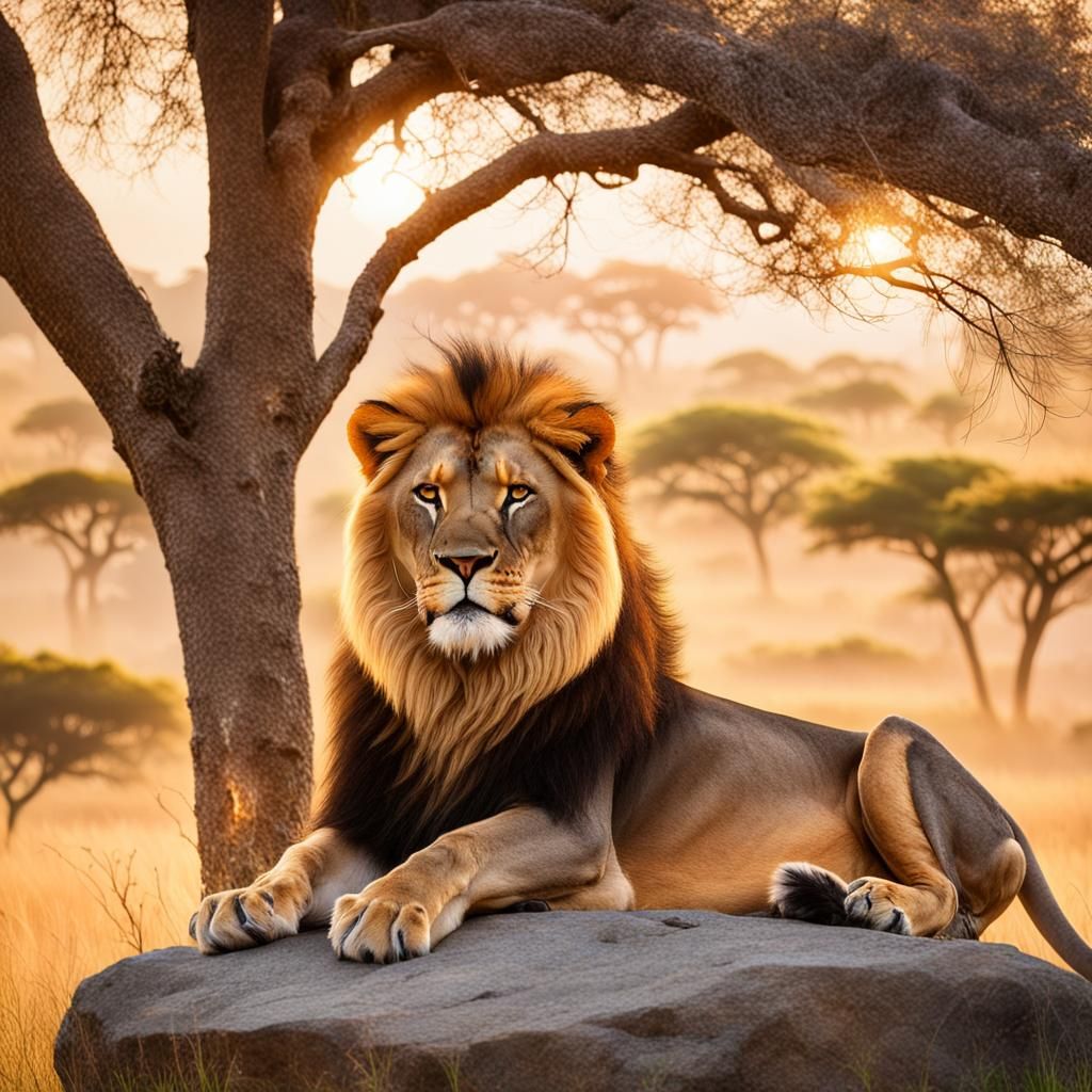 Lion in Savannah: Golden Hour Wildlife Photography