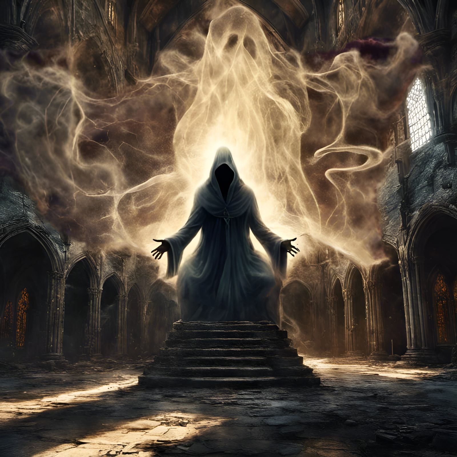 Sinister Abbey Interior in Dramatic Digital Art