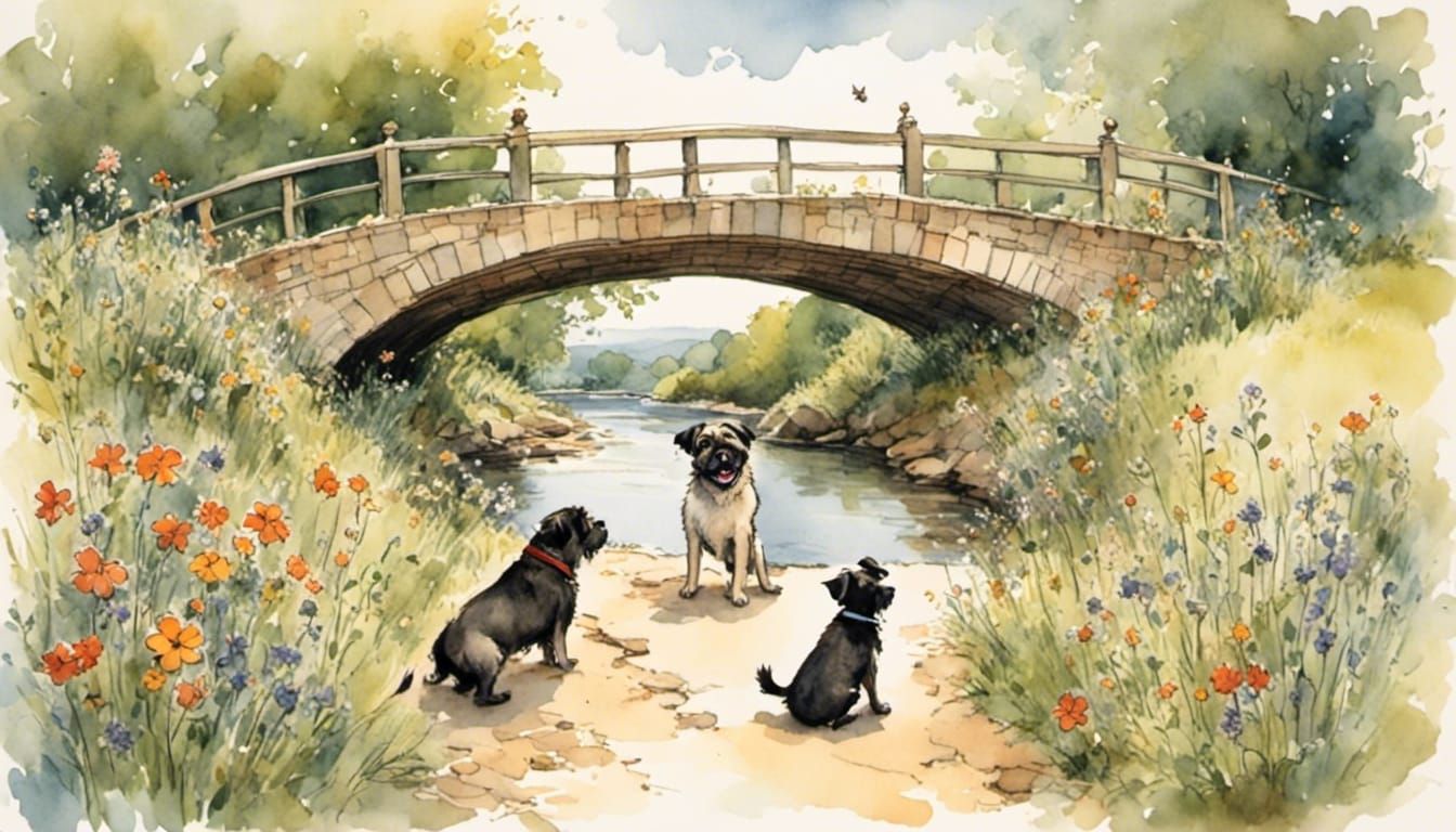 Two Pugs Stroll on Floral Path by Stream
