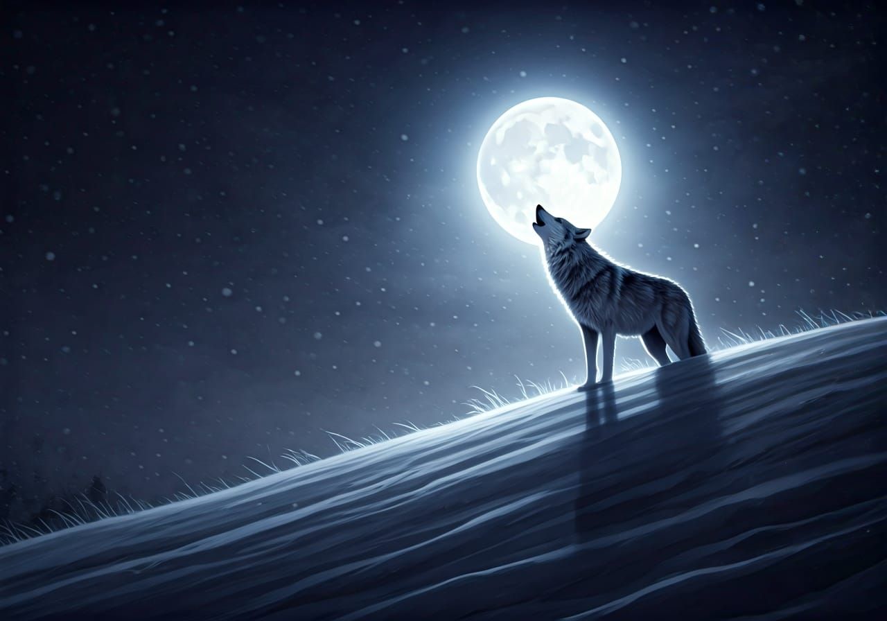 Lone Wolf Howling at Moon, Matte Painting