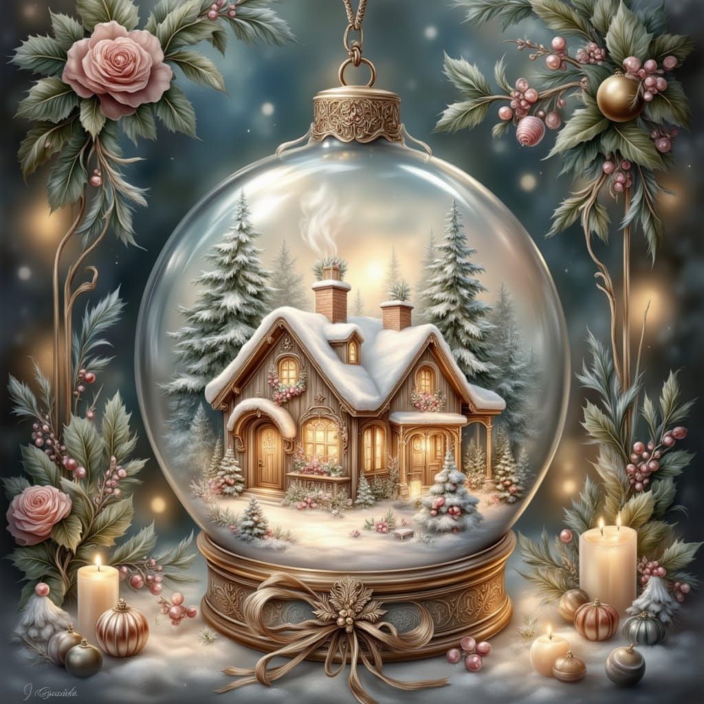 Glowing Christmas Ornament With Cozy Cabin Scene