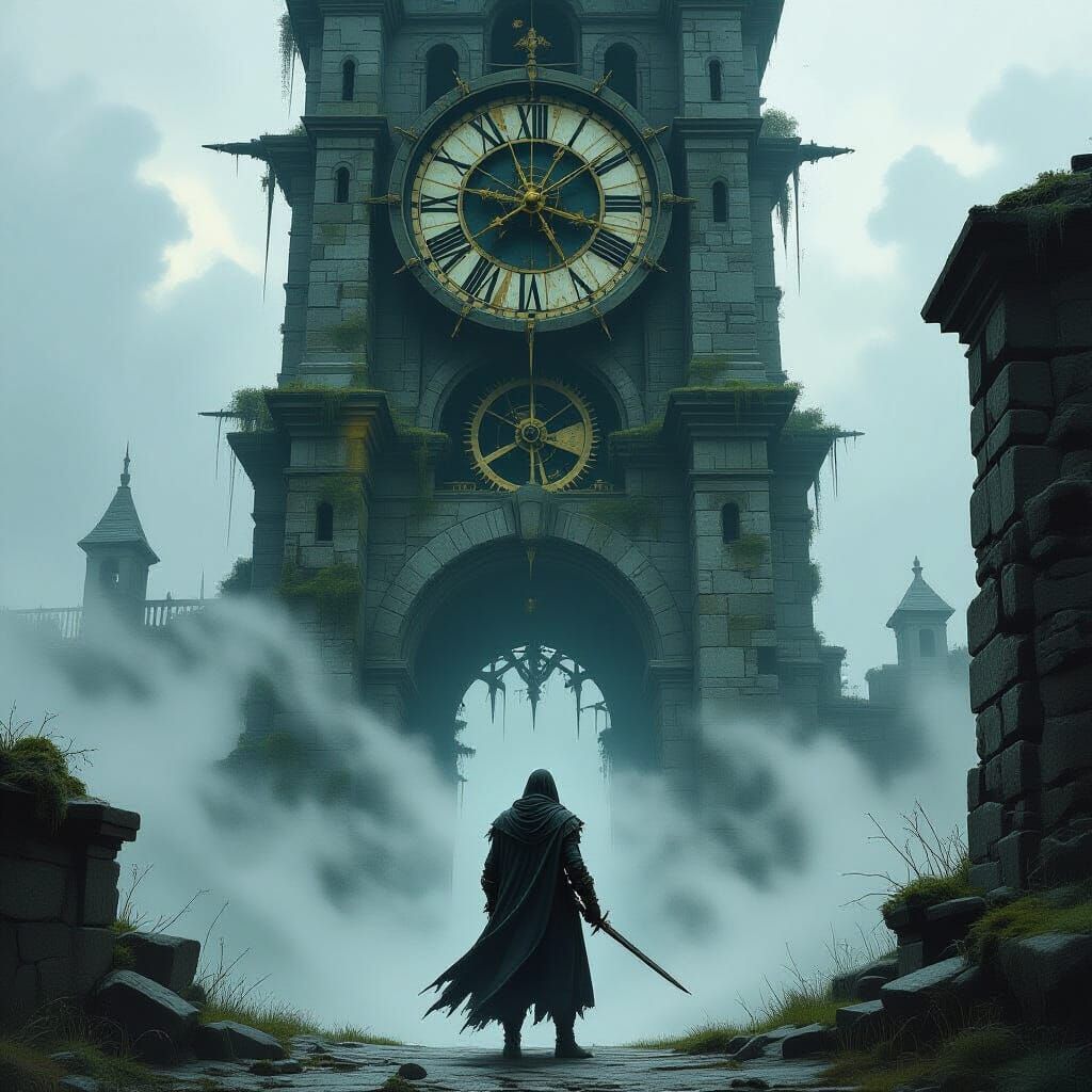 Lone Swordsman Before Colossal Ancient Clock Tower