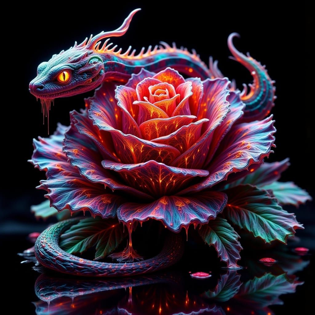 Stained Glass Serpent and Crystal Rose in 3D