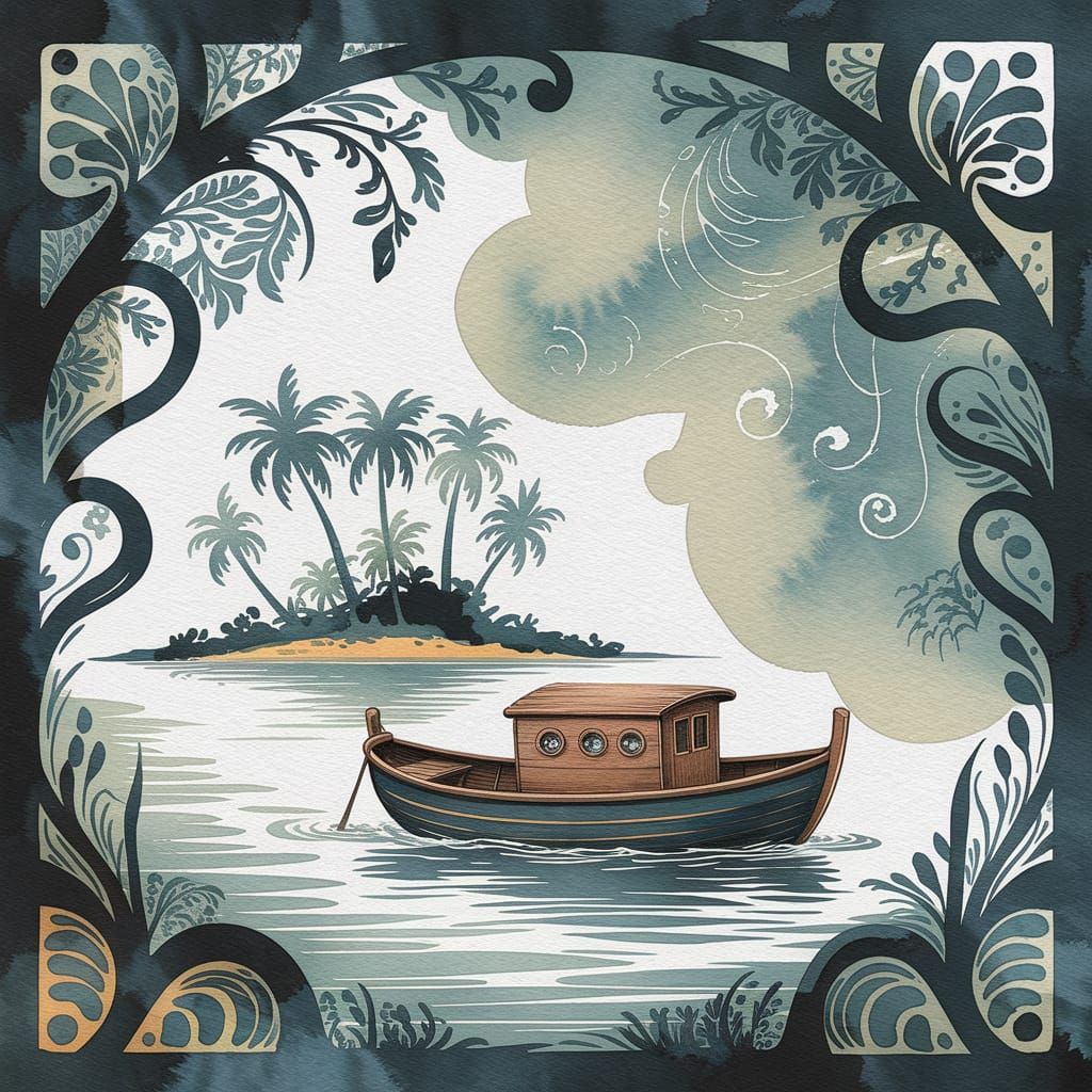 Tropical Island Sailboat in Dark Folk Art Style