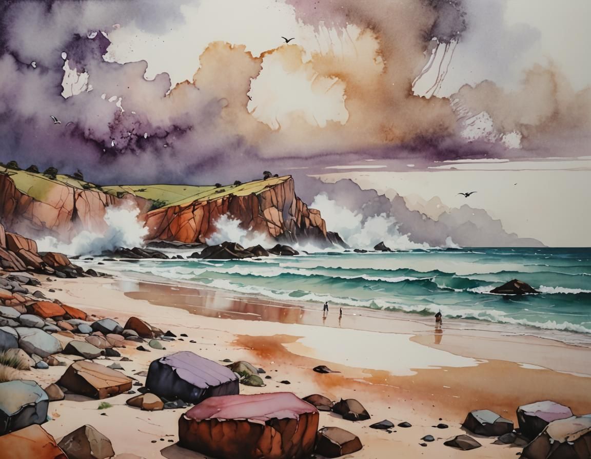 Dreamy Alcohol Ink Beach Landscape with Seagulls
