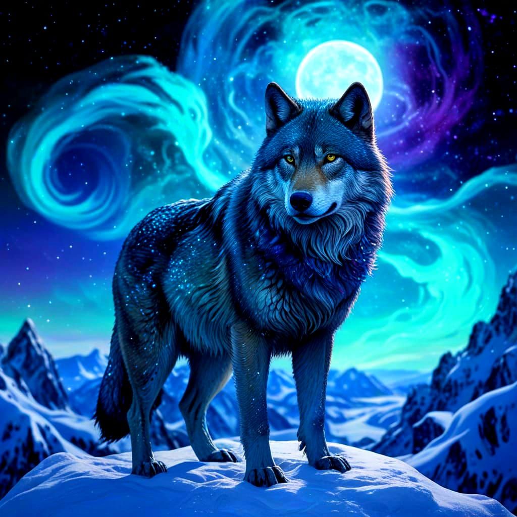 Cosmic Wolf on Snowy Peak in Art Nouveau Style