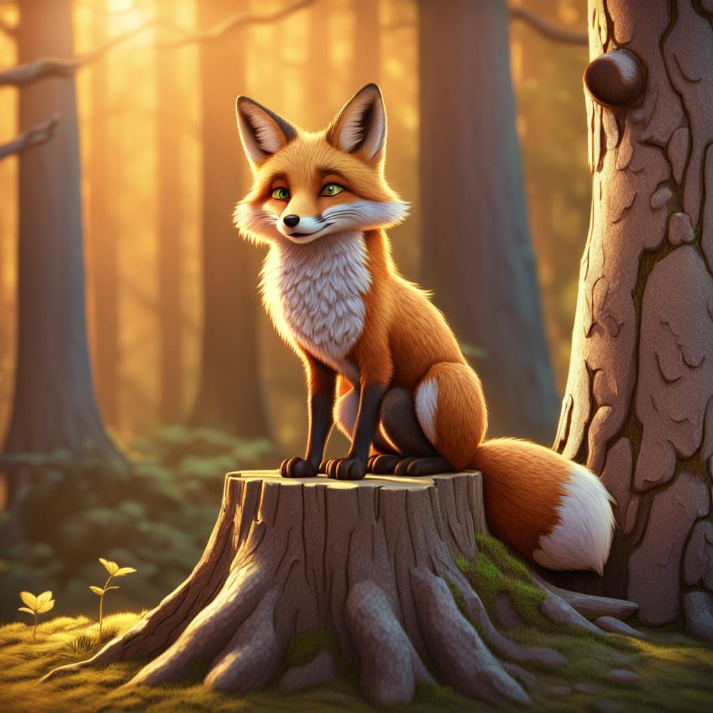 Fox on Stump in Disney Cartoon Style