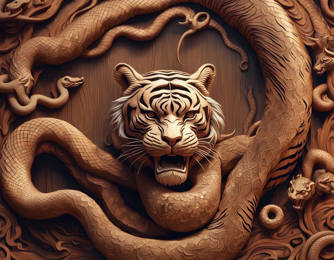 Detailed Wood Carving of Tiger and Snake