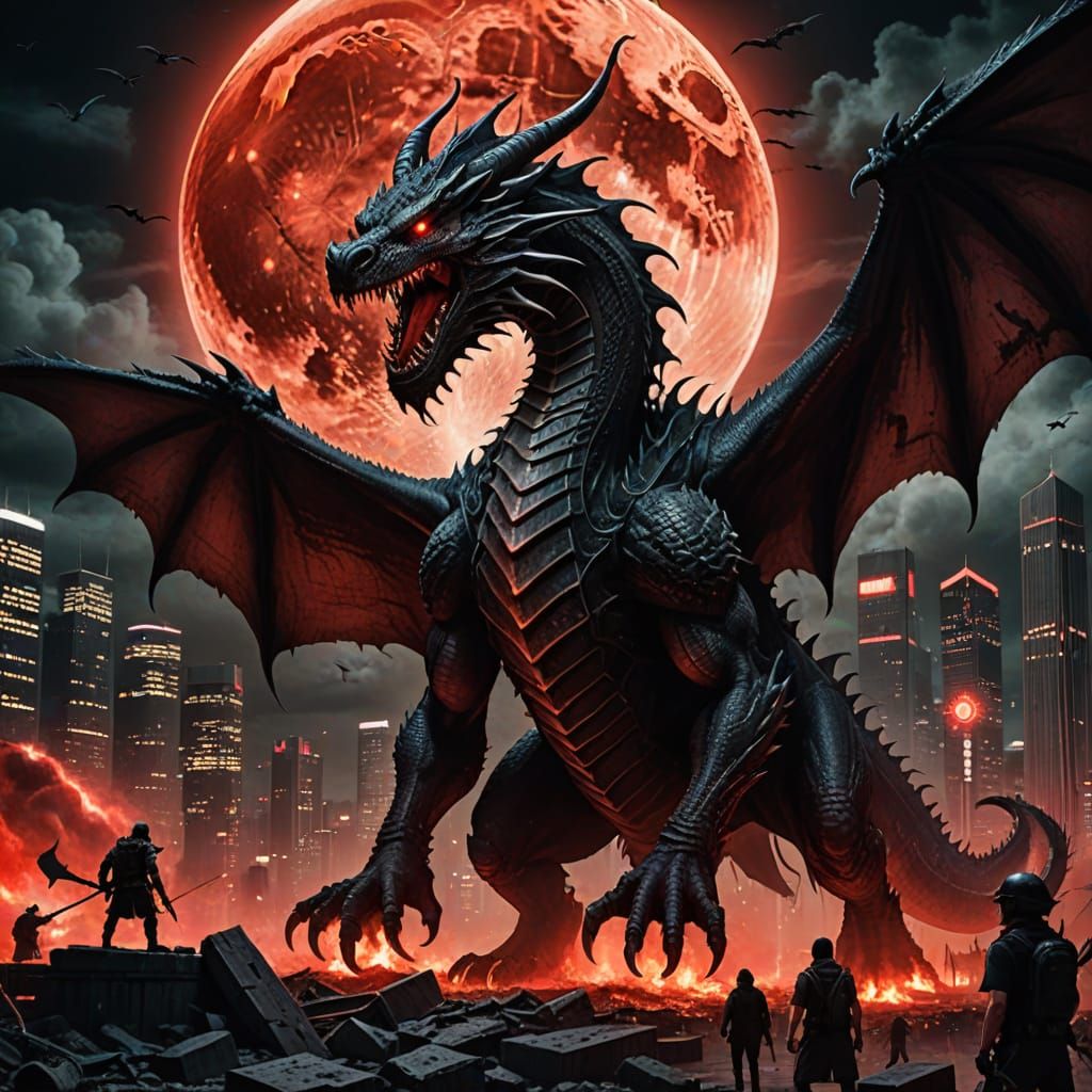 Apocalyptic Dragon Under Blood Moon