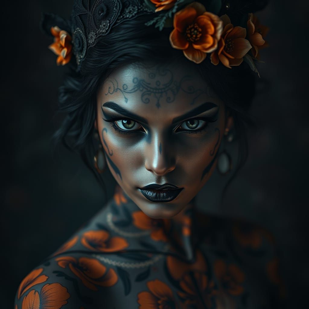Elegant Gothic Woman with Intricate Tattoos in Hyperrealisti...