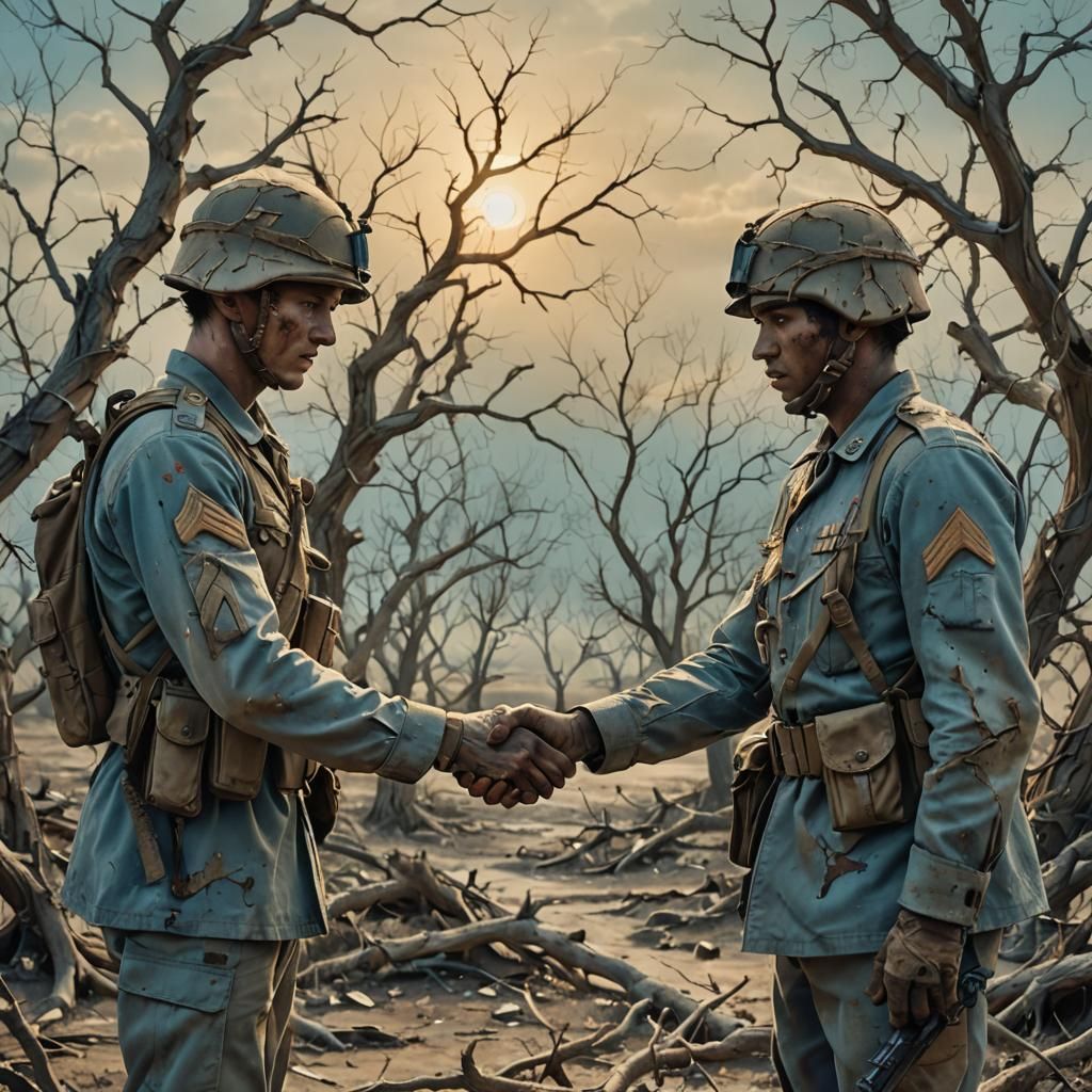 Surrealist Soldiers' Handshake in War-Torn Landscape