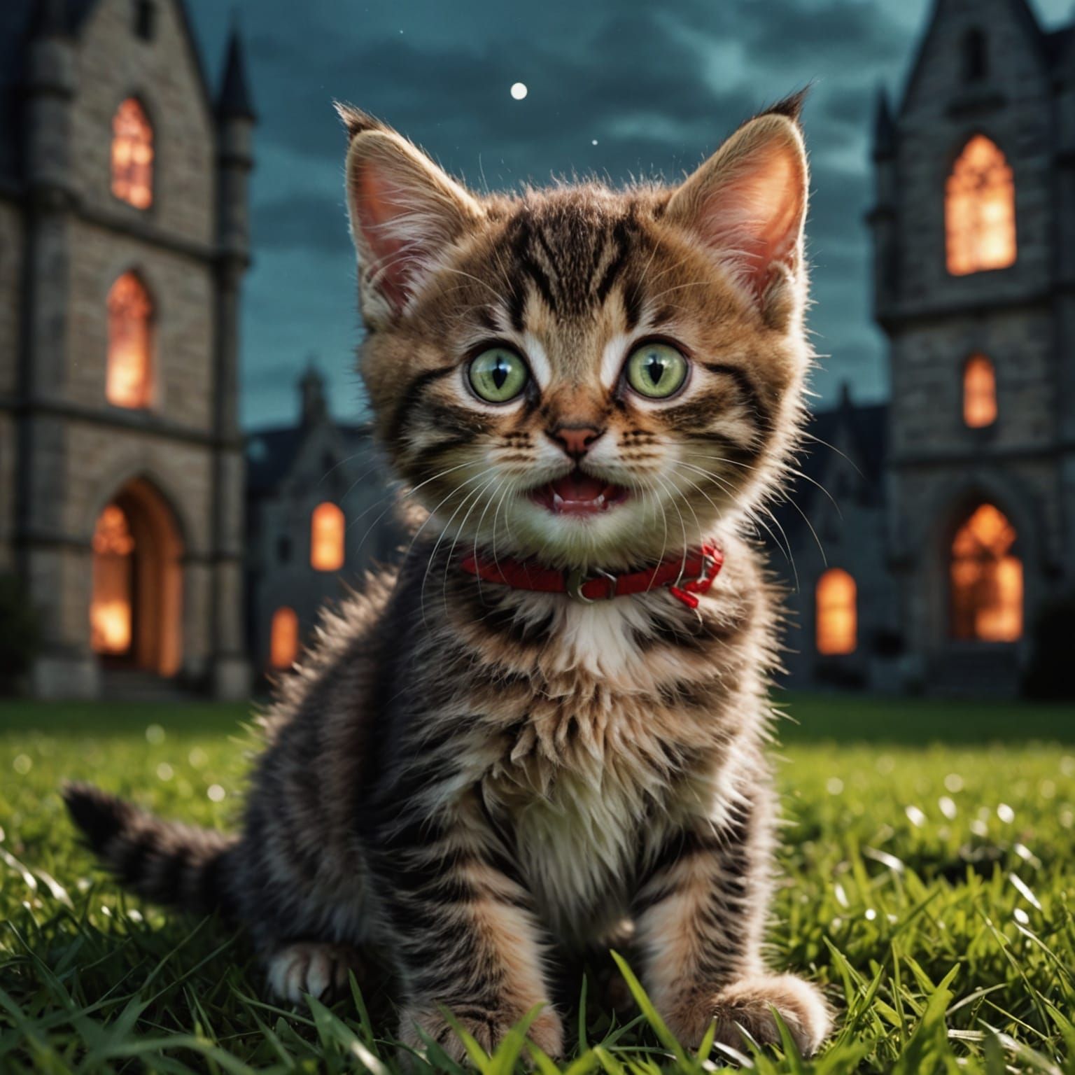 Tabby Kitten Vampire in Gothic Moonlight: Photorealistic Ima...