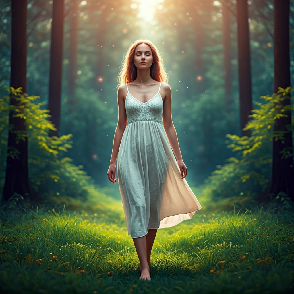 Serene Woman Walking in a Lush Forest