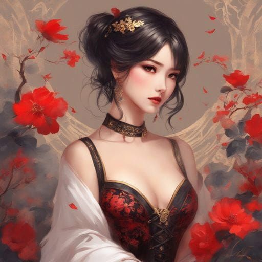 Japanese Woman Portrait in Black Lingerie