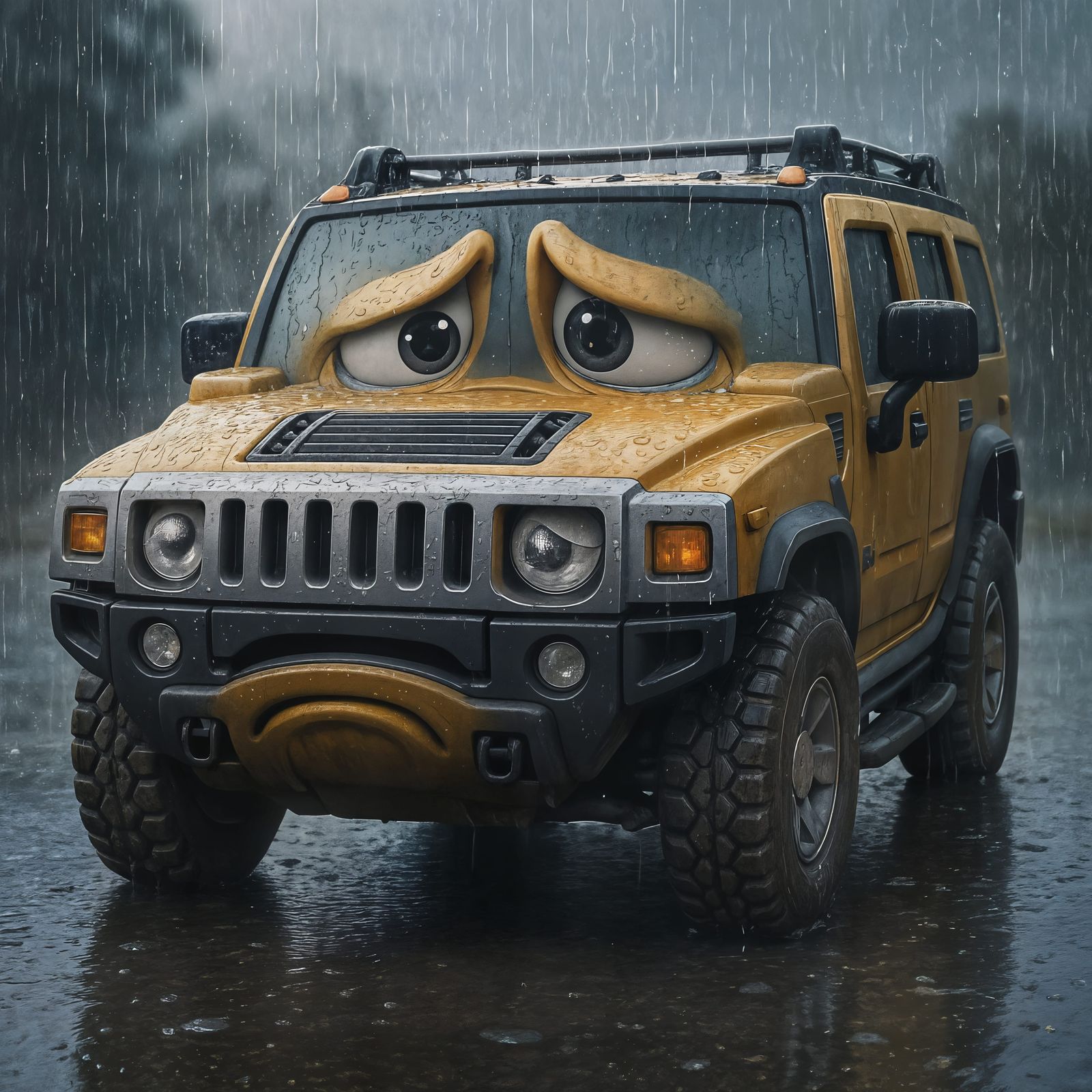 Sad Cartoon Hummer Vehicle on a Rainy Day