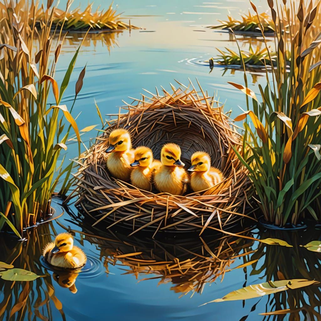 Ducklings Nesting in Hat: Expressionist Abstract Art