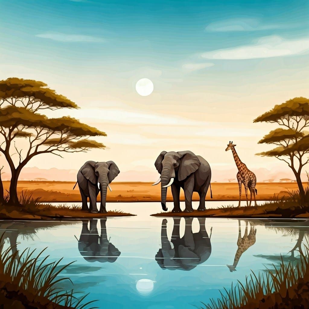 Savanna Elephants at Dusk in Alcohol Ink