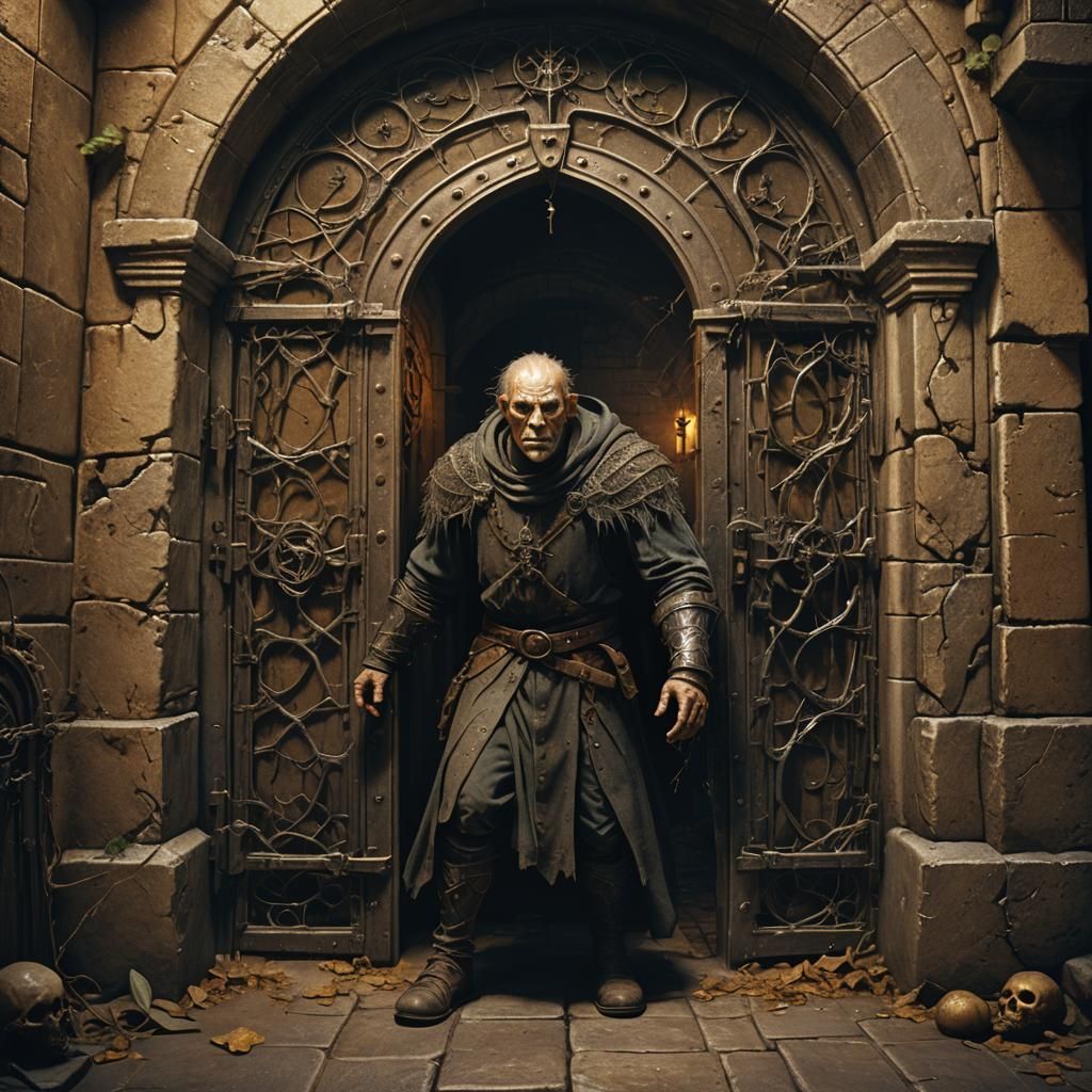 Grotesque Man Enters Medieval Crypt