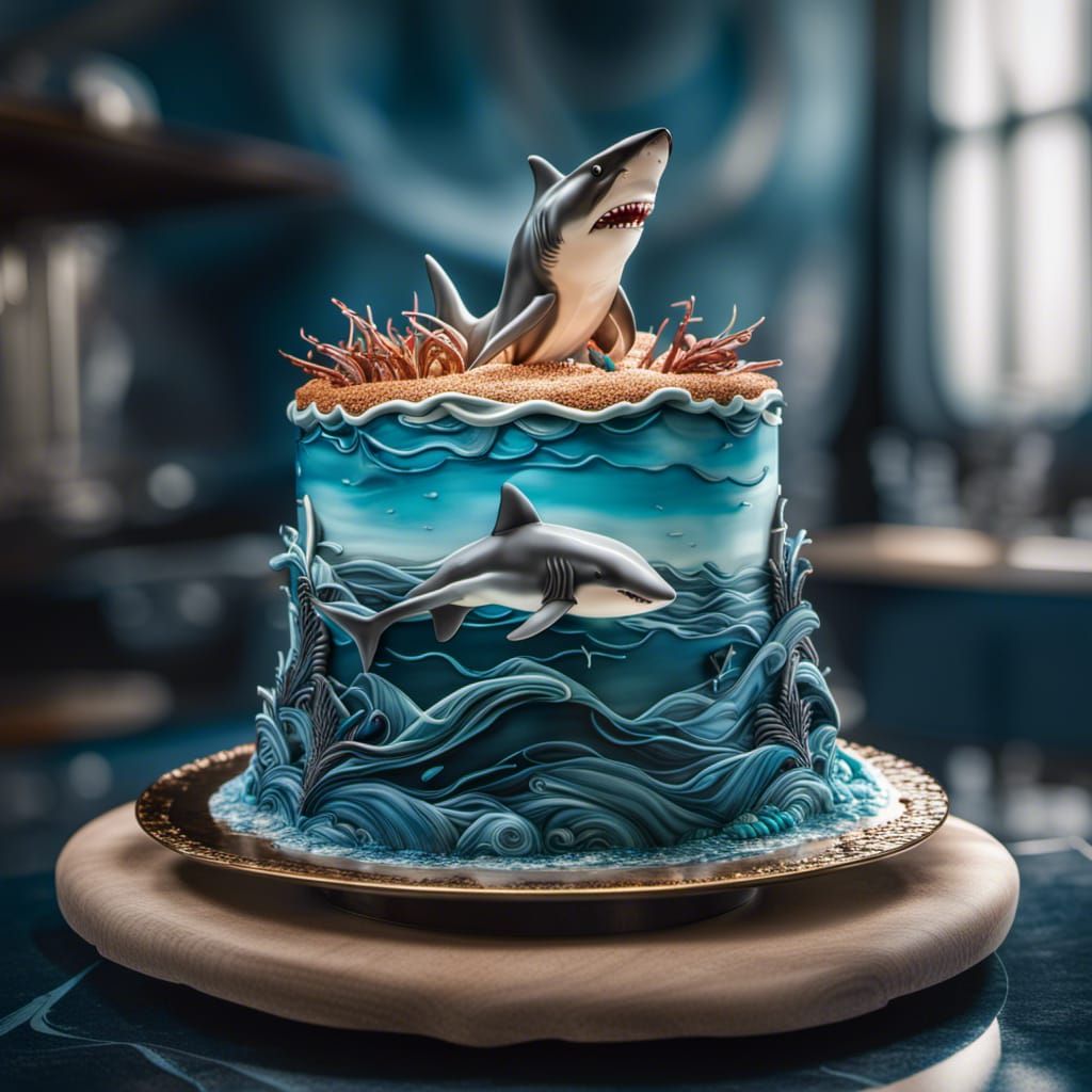 Hyperrealistic Shark Cake with Ocean Mirror Glaze