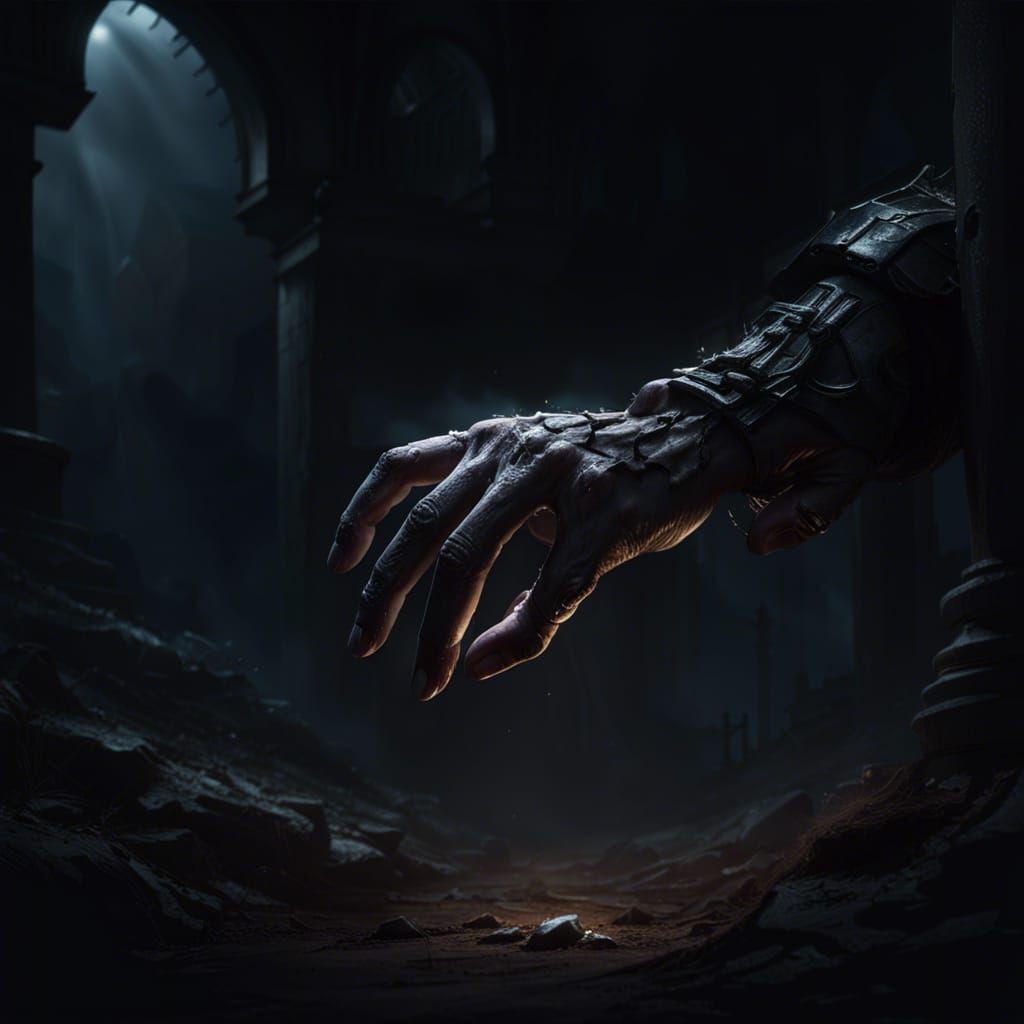 Dramatic Arm Emerges from Ground in Dark Fantasy Art