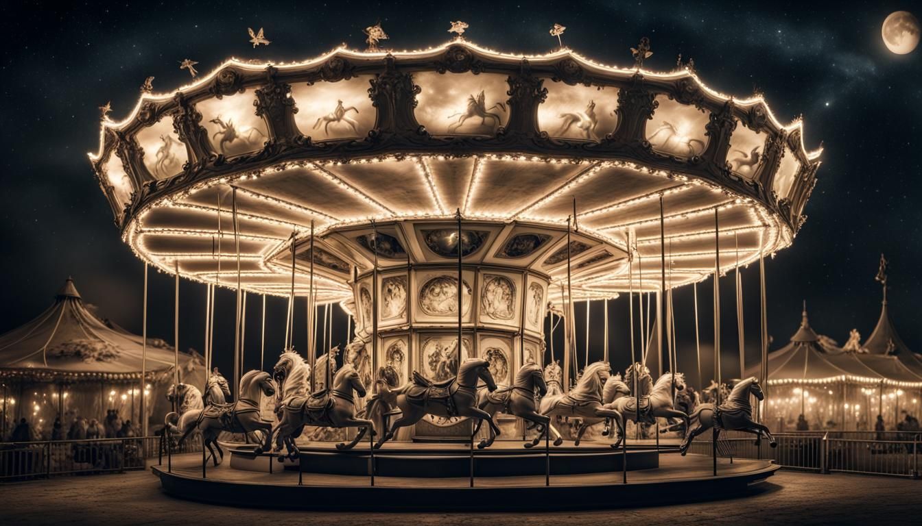 Moonlit Carousel with Mythical Creatures in Surreal Style