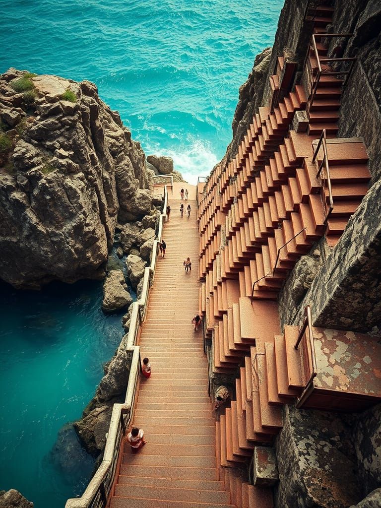 Stairway to Turquoise Ocean: Photorealistic Film Still
