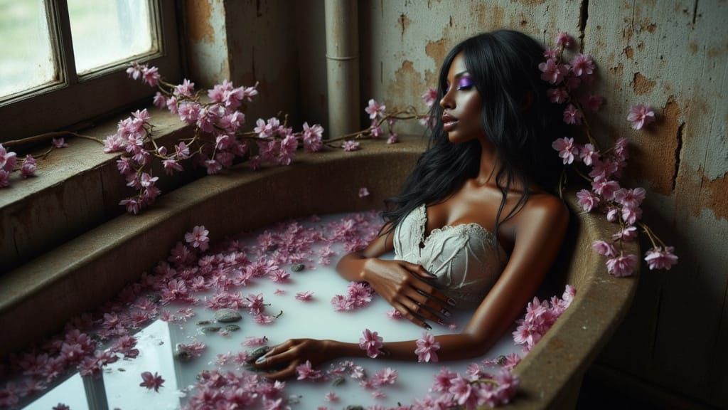 Dark-Skinned Woman Poses by Rustic Tub in Cherry Blossom Bat...