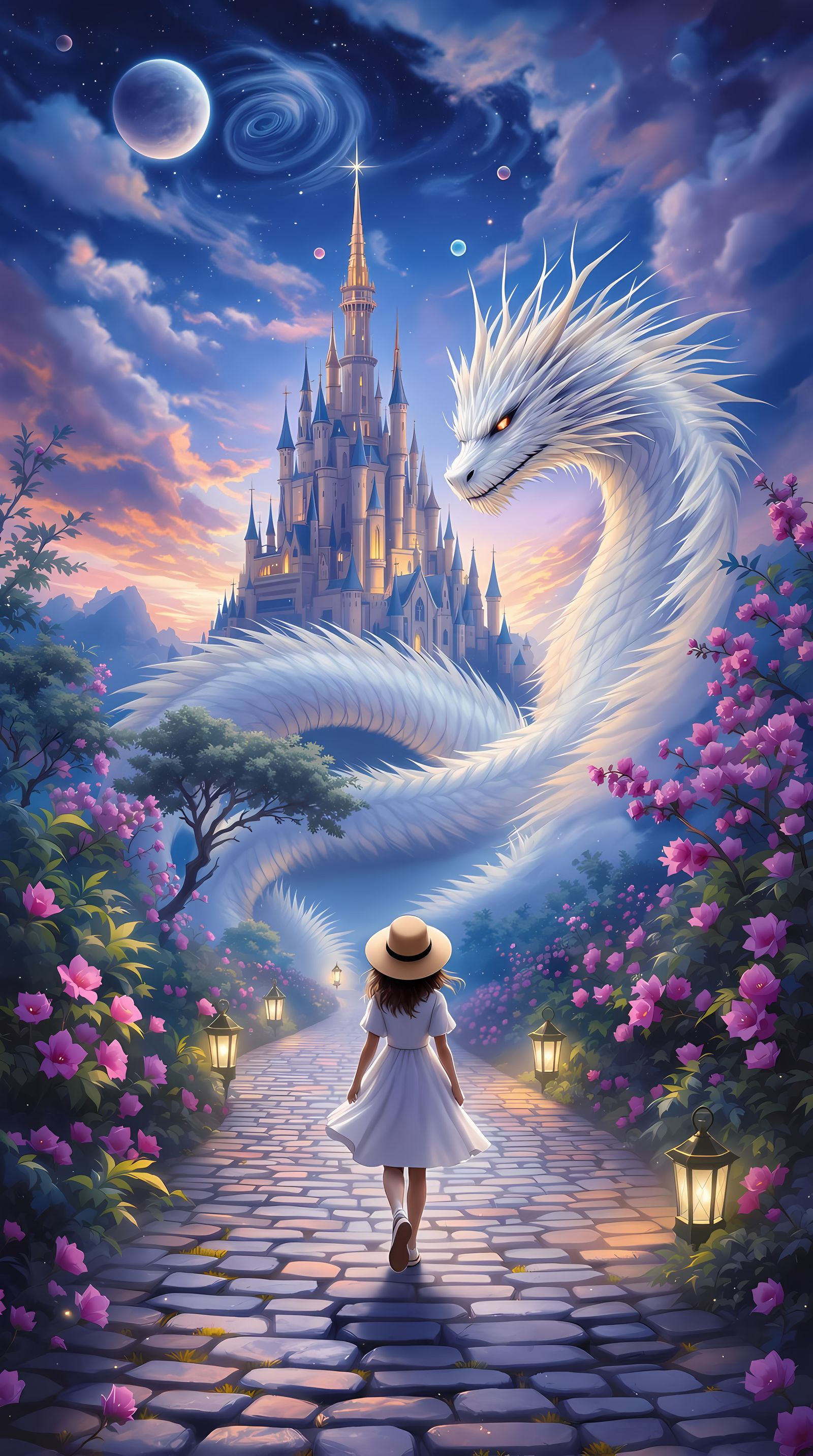 A Young Girl Meets a Majestic White Dragon in a Magical Real...